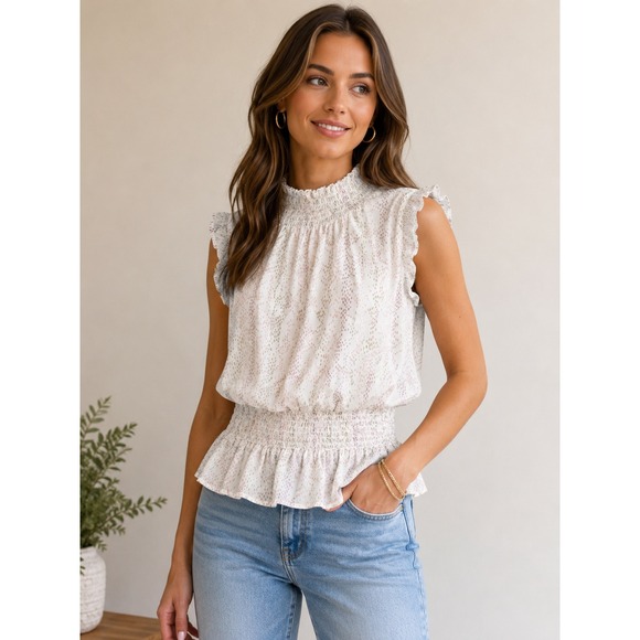 Japna Tops - Japna Women Small Boho Smocked Peplum Top Mock Neck Dotted Print NWT